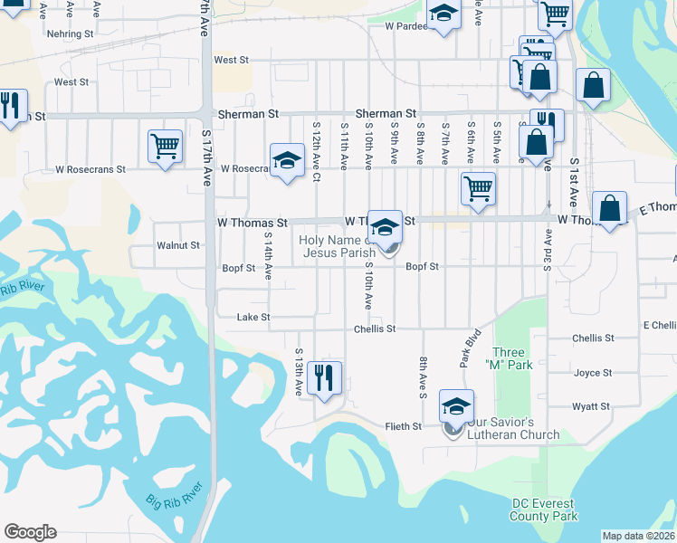 map of restaurants, bars, coffee shops, grocery stores, and more near 1216 South 11th Avenue in Wausau