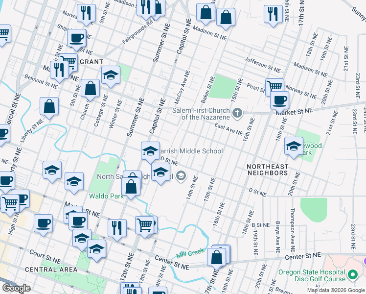 map of restaurants, bars, coffee shops, grocery stores, and more near 935 Imperial Drive Northeast in Salem