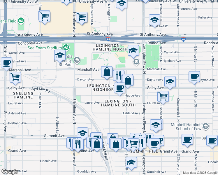 map of restaurants, bars, coffee shops, grocery stores, and more near Selby Avenue in Saint Paul