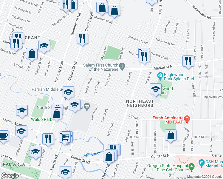 map of restaurants, bars, coffee shops, grocery stores, and more near 1095 15th Street Northeast in Salem