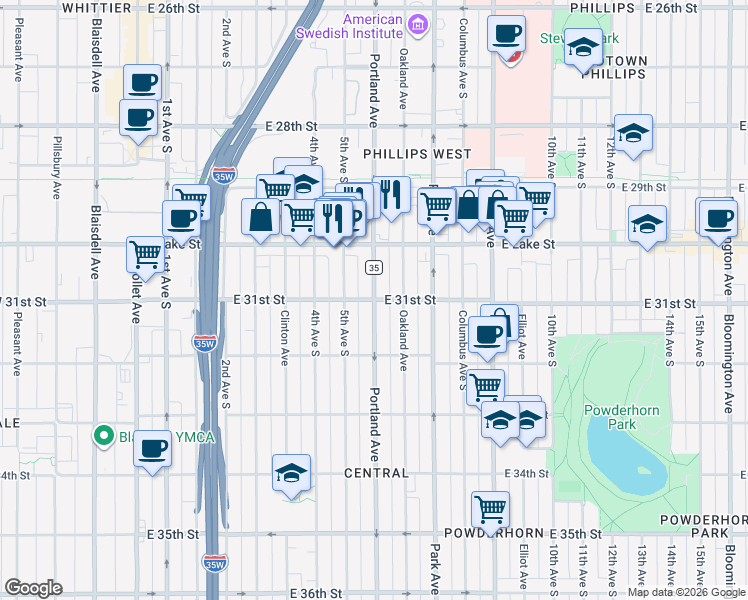 map of restaurants, bars, coffee shops, grocery stores, and more near Portland Ave & E 31st St in Minneapolis