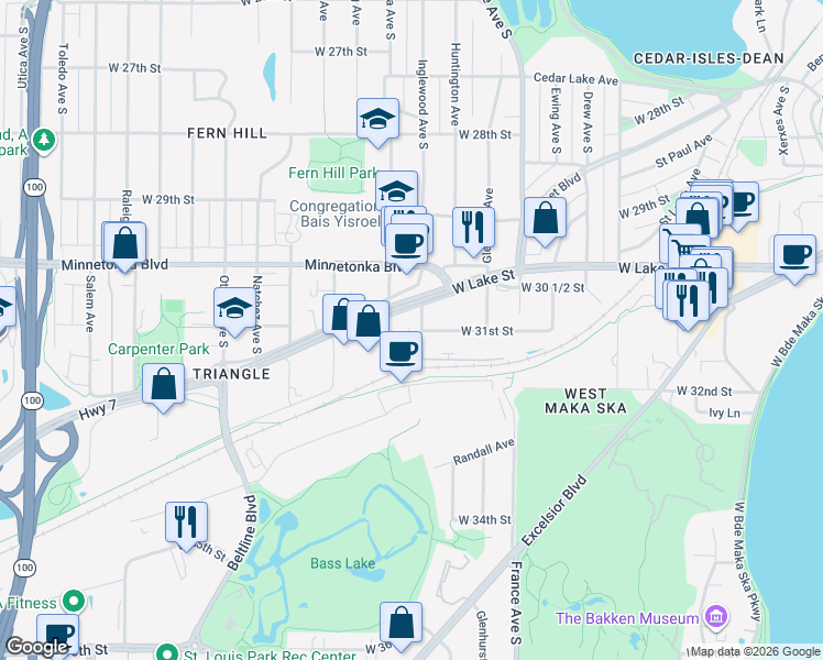 map of restaurants, bars, coffee shops, grocery stores, and more near 3106 Inglewood Avenue South in Minneapolis