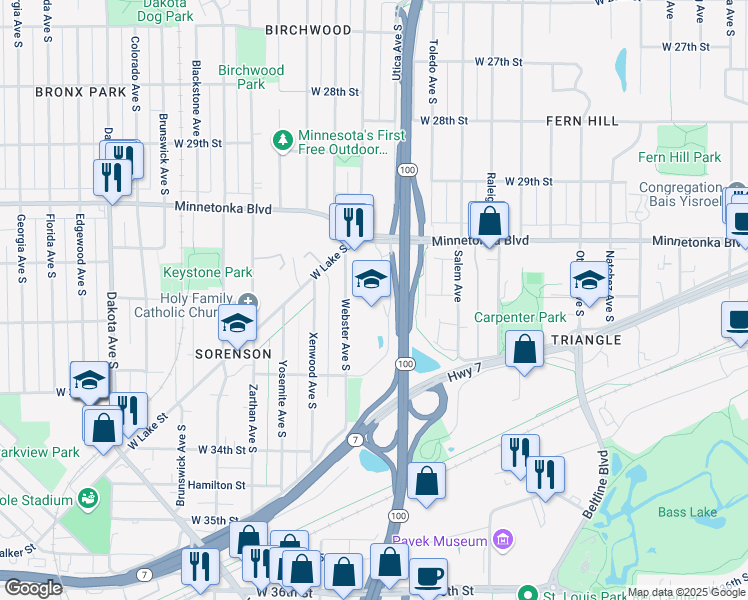 map of restaurants, bars, coffee shops, grocery stores, and more near 3200 Minnesota 100 in St. Louis Park