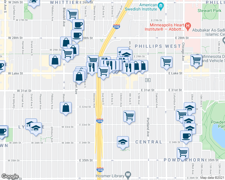 map of restaurants, bars, coffee shops, grocery stores, and more near 300 East 31st Street in Minneapolis