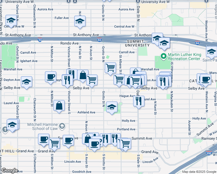 map of restaurants, bars, coffee shops, grocery stores, and more near Selby Avenue in Saint Paul