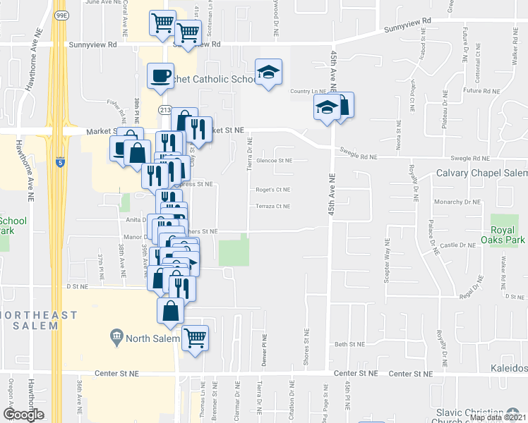 map of restaurants, bars, coffee shops, grocery stores, and more near 4257 Weathers Street Northeast in Salem
