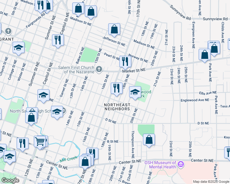 map of restaurants, bars, coffee shops, grocery stores, and more near 1115 18th Street Northeast in Salem