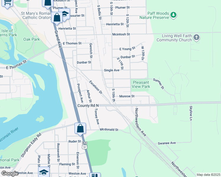 map of restaurants, bars, coffee shops, grocery stores, and more near in Wausau