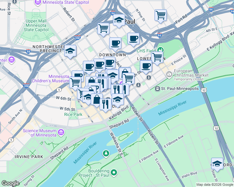 map of restaurants, bars, coffee shops, grocery stores, and more near 72 4th Street East in Saint Paul