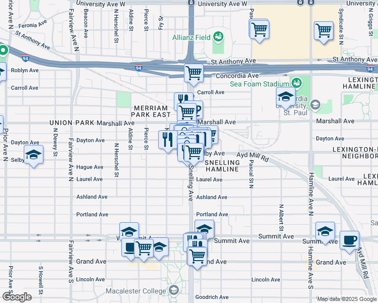 map of restaurants, bars, coffee shops, grocery stores, and more near 150 Snelling Avenue North in Saint Paul