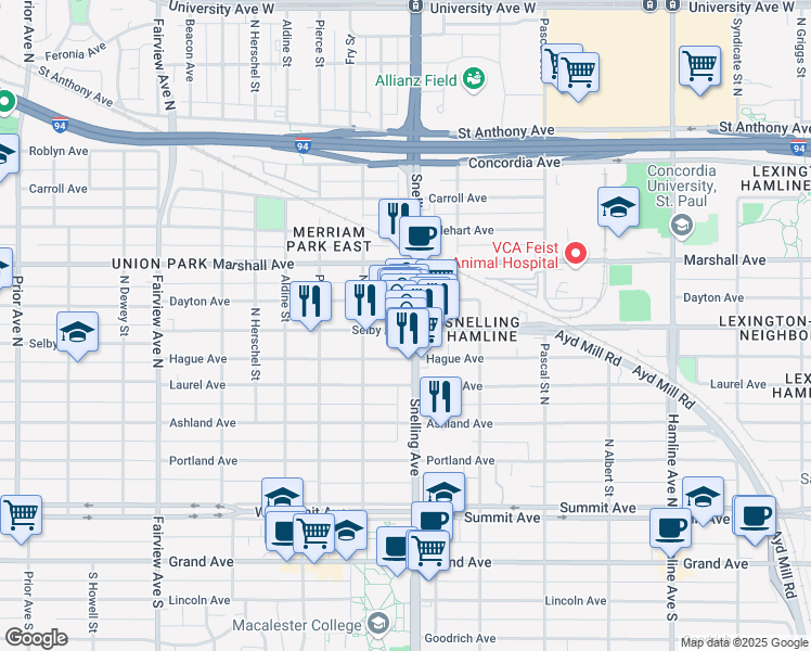 map of restaurants, bars, coffee shops, grocery stores, and more near 1601 Hague Avenue in Saint Paul