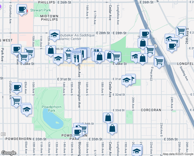 map of restaurants, bars, coffee shops, grocery stores, and more near 3114 18th Avenue South in Minneapolis