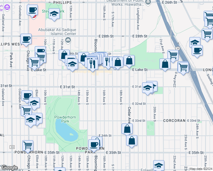 map of restaurants, bars, coffee shops, grocery stores, and more near 3116 South 17th Avenue in Minneapolis