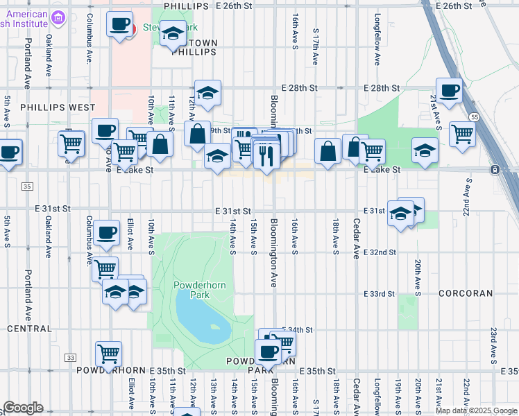 map of restaurants, bars, coffee shops, grocery stores, and more near 3117 South 15th Avenue in Minneapolis