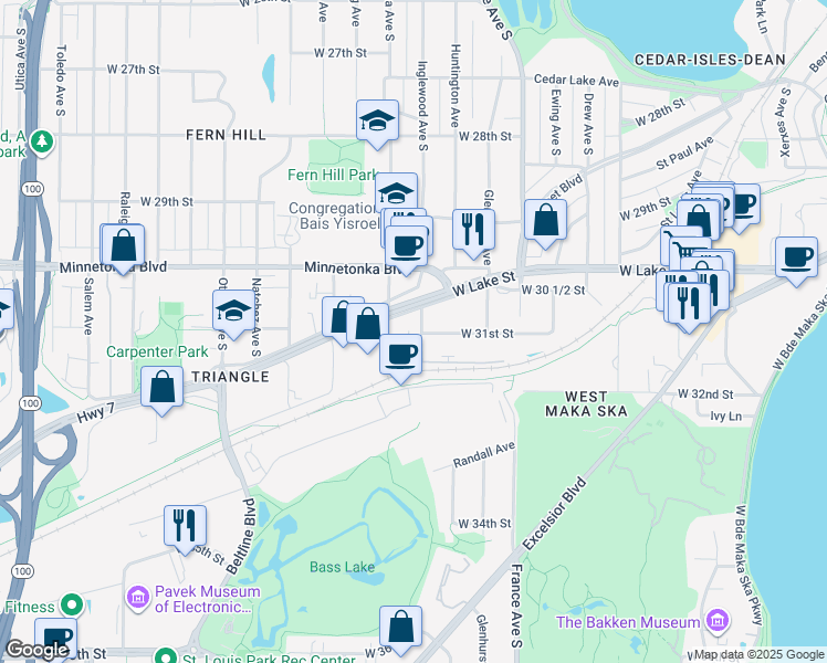 map of restaurants, bars, coffee shops, grocery stores, and more near 3106 Inglewood Avenue South in Minneapolis