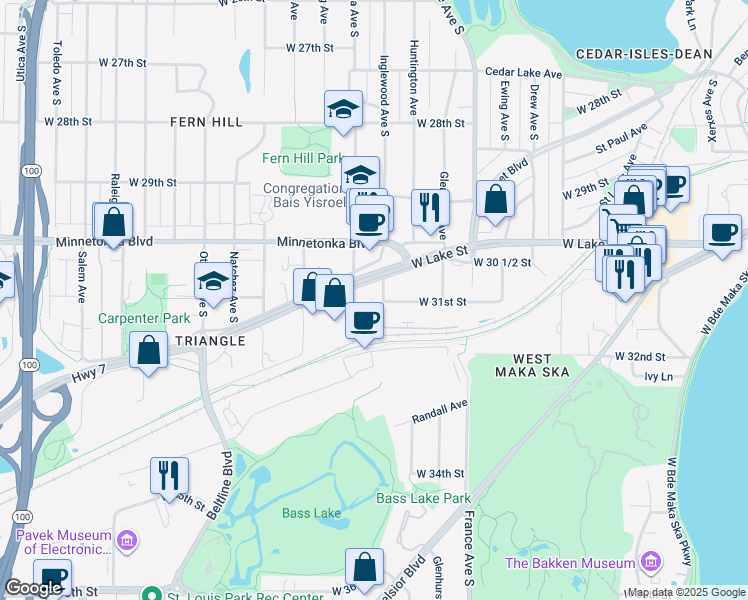 map of restaurants, bars, coffee shops, grocery stores, and more near 3106 Inglewood Avenue South in Minneapolis