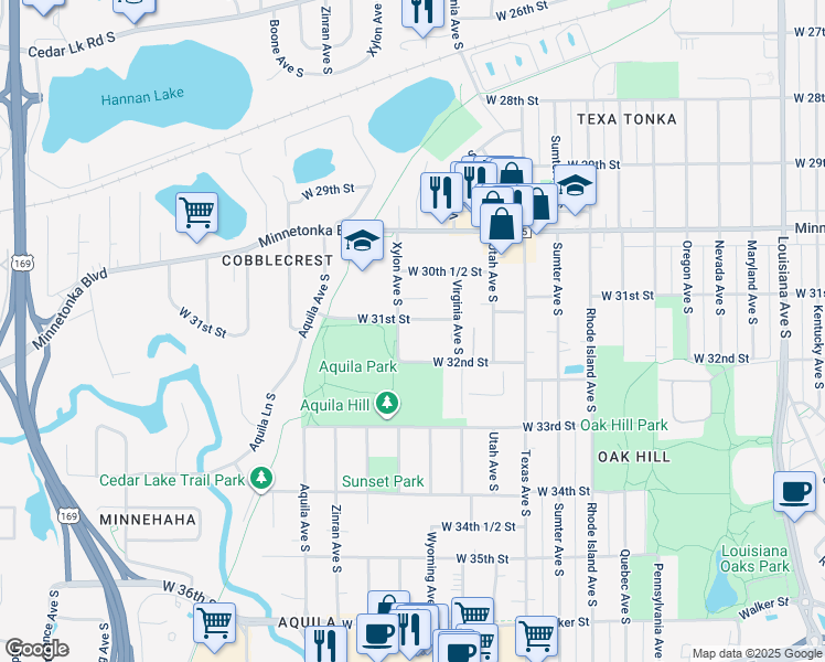 map of restaurants, bars, coffee shops, grocery stores, and more near 3101 Xylon Avenue South in Minneapolis