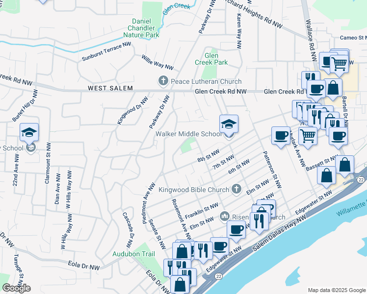 map of restaurants, bars, coffee shops, grocery stores, and more near 1020 Arthur Way Northwest in Salem