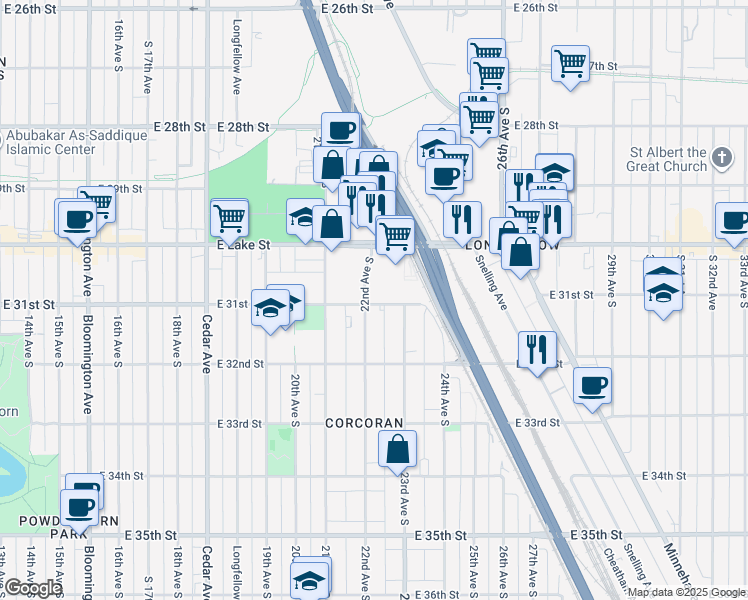map of restaurants, bars, coffee shops, grocery stores, and more near 3119 22nd Avenue South in Minneapolis