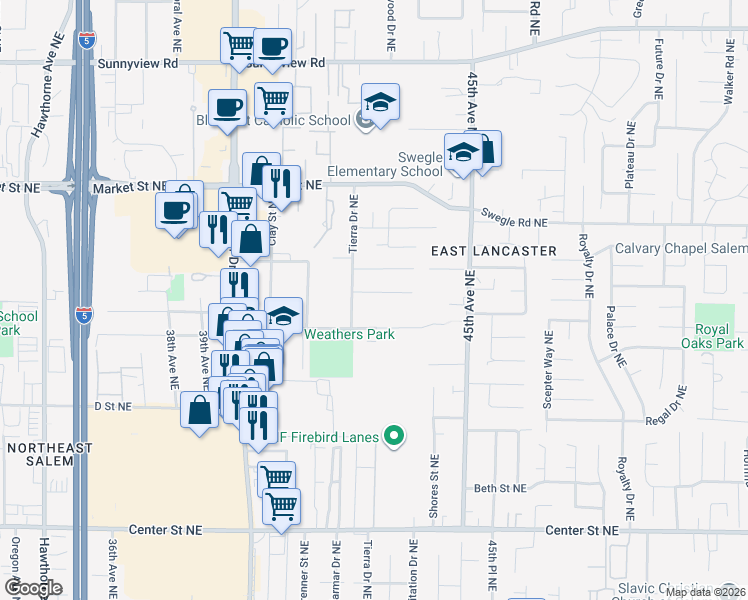 map of restaurants, bars, coffee shops, grocery stores, and more near 4257 Weathers Street Northeast in Salem