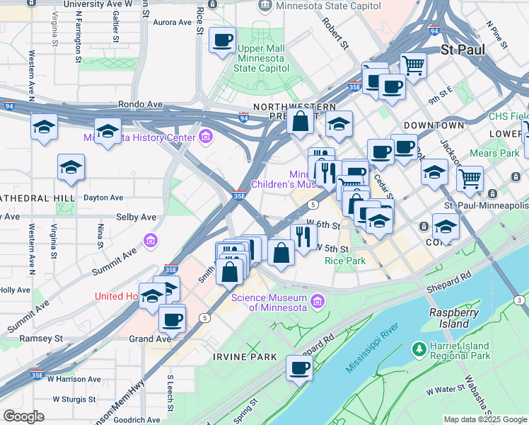 map of restaurants, bars, coffee shops, grocery stores, and more near in Saint Paul