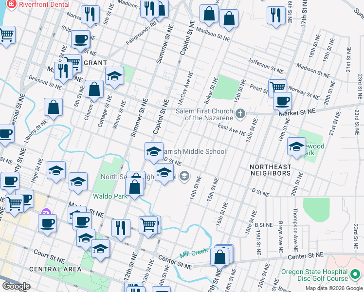 map of restaurants, bars, coffee shops, grocery stores, and more near 995 Garnet Street Northeast in Salem