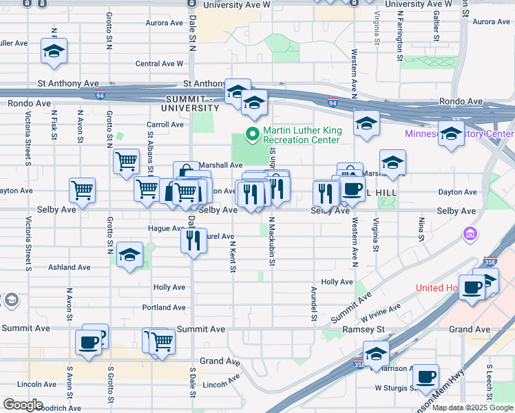map of restaurants, bars, coffee shops, grocery stores, and more near 153 North Mackubin Street in Saint Paul