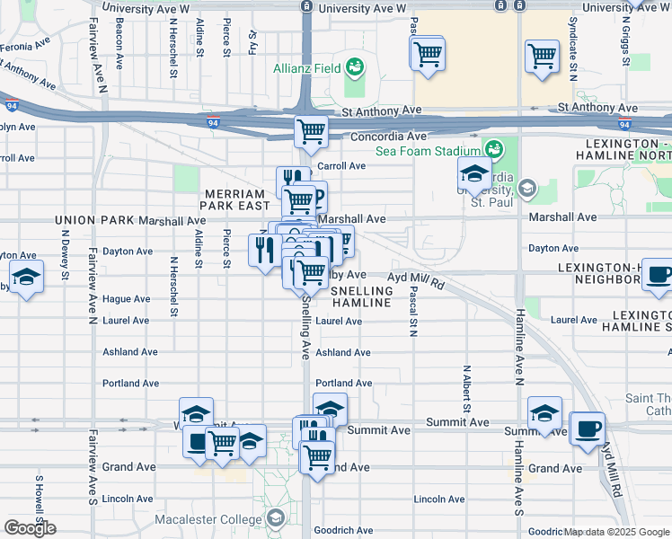map of restaurants, bars, coffee shops, grocery stores, and more near 1555 Selby Avenue in Saint Paul