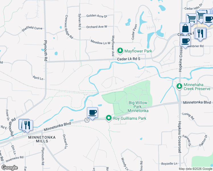map of restaurants, bars, coffee shops, grocery stores, and more near 3010 Saint Albans Mill Road in Minnetonka