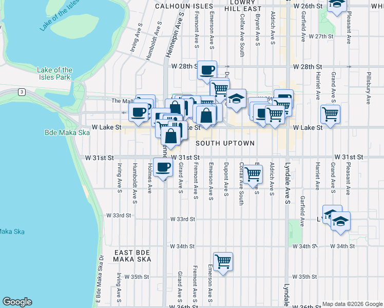 map of restaurants, bars, coffee shops, grocery stores, and more near 3025 Fremont Avenue South in Minneapolis
