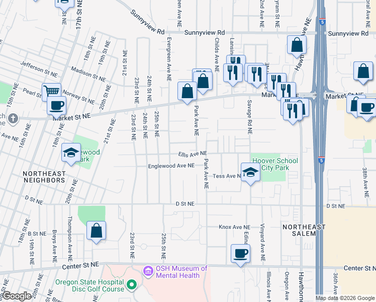 map of restaurants, bars, coffee shops, grocery stores, and more near 2745 Ladd Avenue Northeast in Salem