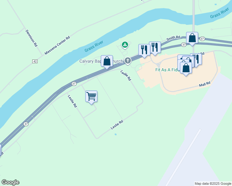 map of restaurants, bars, coffee shops, grocery stores, and more near 224 Highland Road in Massena