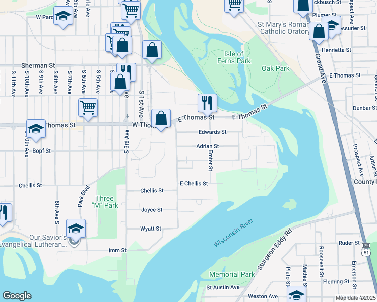 map of restaurants, bars, coffee shops, grocery stores, and more near 120 Adrian Street in Wausau