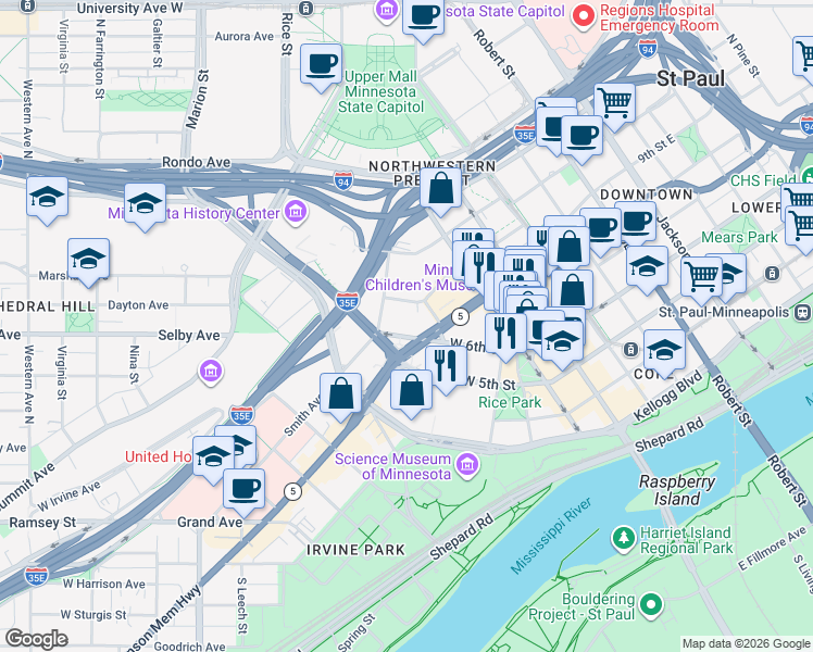 map of restaurants, bars, coffee shops, grocery stores, and more near 423 North Exchange Street in Saint Paul