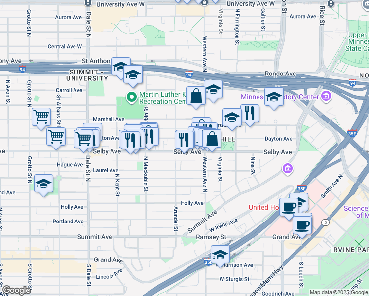 map of restaurants, bars, coffee shops, grocery stores, and more near 437 Dayton Avenue in Saint Paul