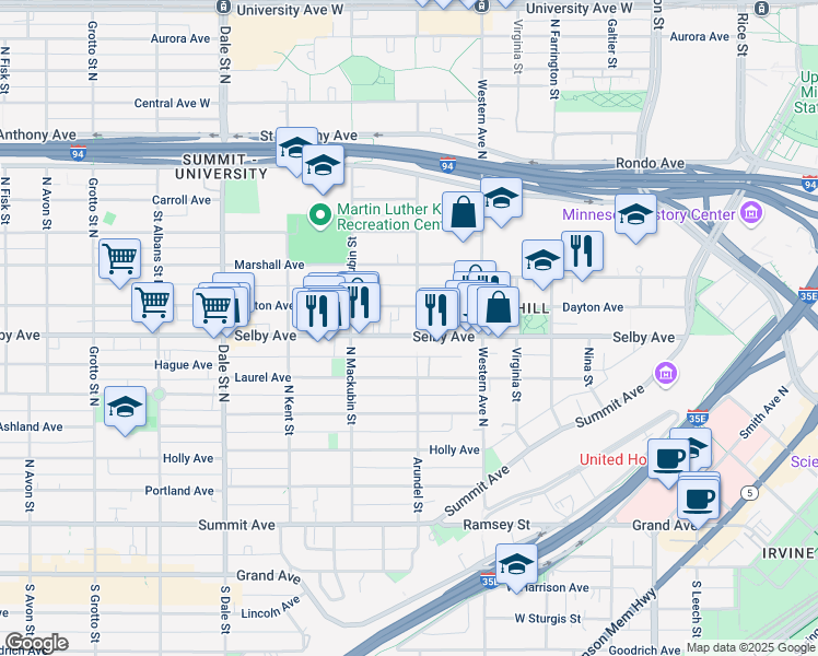 map of restaurants, bars, coffee shops, grocery stores, and more near 437 Dayton Avenue in Saint Paul