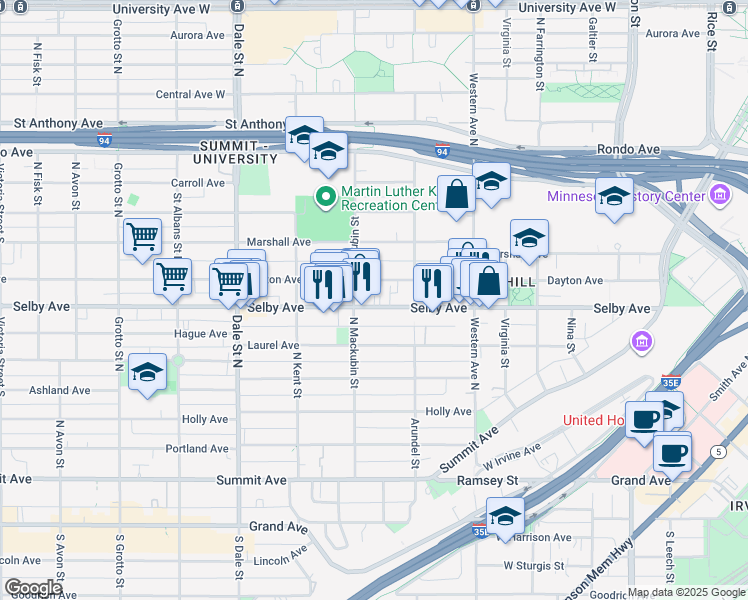 map of restaurants, bars, coffee shops, grocery stores, and more near 469 Dayton Avenue in Saint Paul