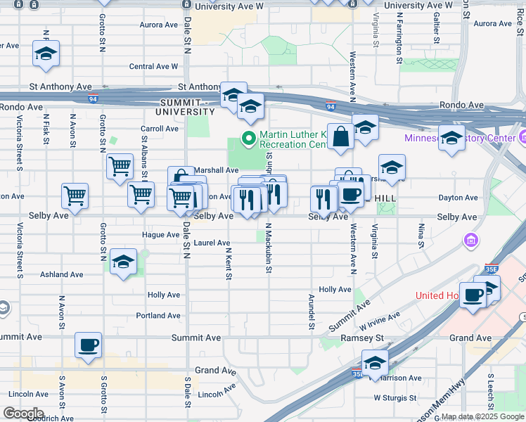 map of restaurants, bars, coffee shops, grocery stores, and more near 217 North Mackubin Street in Saint Paul