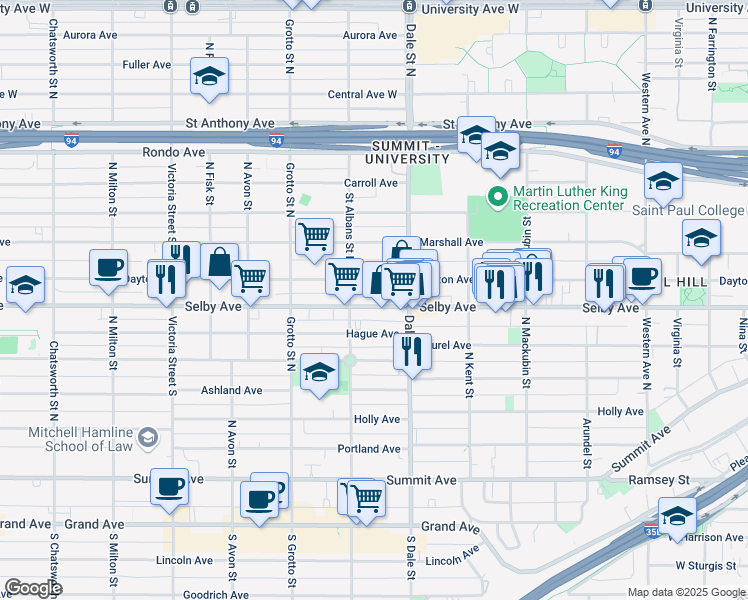 map of restaurants, bars, coffee shops, grocery stores, and more near 653 Dayton Avenue in Saint Paul