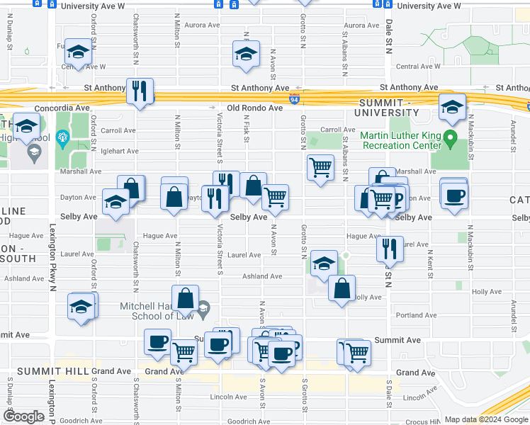 map of restaurants, bars, coffee shops, grocery stores, and more near 785 Dayton Avenue in Saint Paul