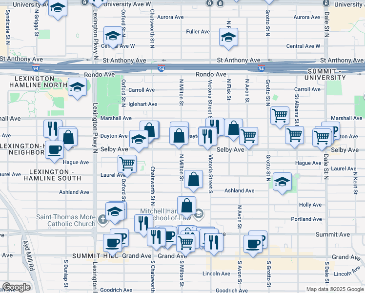 map of restaurants, bars, coffee shops, grocery stores, and more near 935 Dayton Avenue in Saint Paul