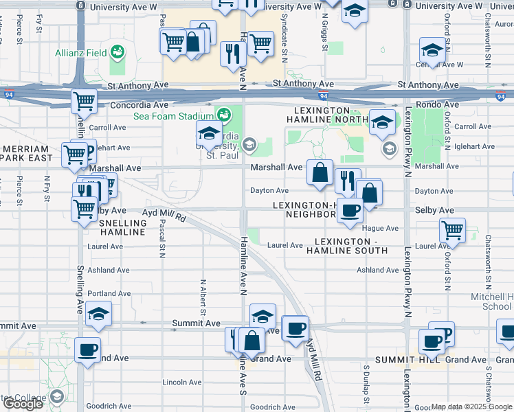 map of restaurants, bars, coffee shops, grocery stores, and more near 1321 Dayton Avenue in Saint Paul
