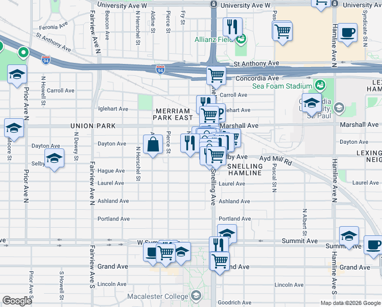 map of restaurants, bars, coffee shops, grocery stores, and more near 1635 Dayton Avenue in Saint Paul