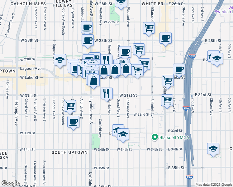 map of restaurants, bars, coffee shops, grocery stores, and more near 3023 Harriet Avenue in Minneapolis
