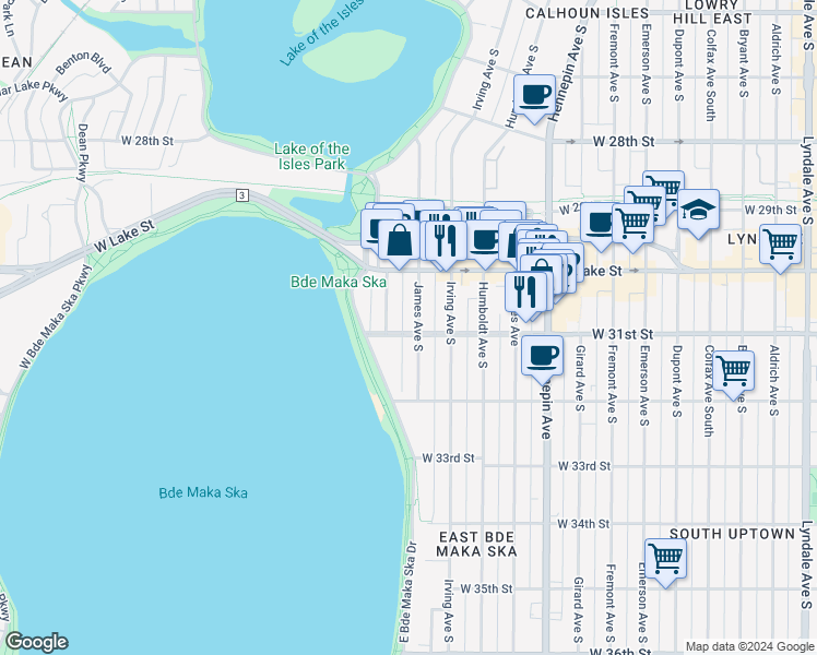map of restaurants, bars, coffee shops, grocery stores, and more near 3025 Knox Avenue South in Minneapolis