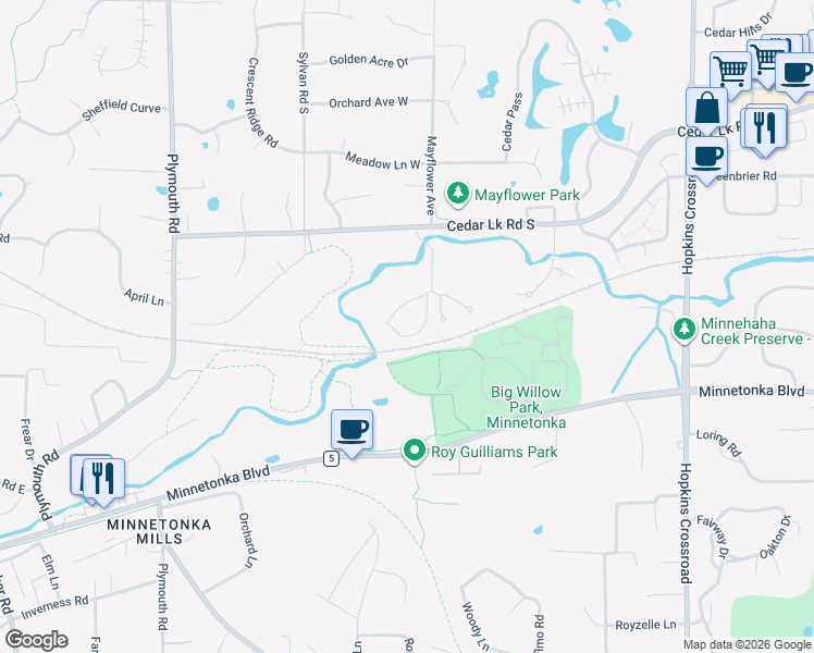map of restaurants, bars, coffee shops, grocery stores, and more near 3010 Saint Albans Mill Road in Minnetonka