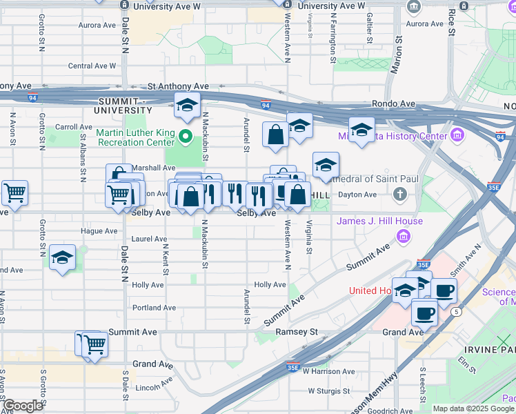 map of restaurants, bars, coffee shops, grocery stores, and more near 425 Selby Avenue in Saint Paul