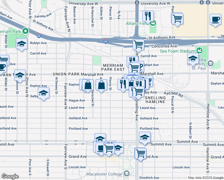 map of restaurants, bars, coffee shops, grocery stores, and more near 1667 Dayton Avenue in Saint Paul