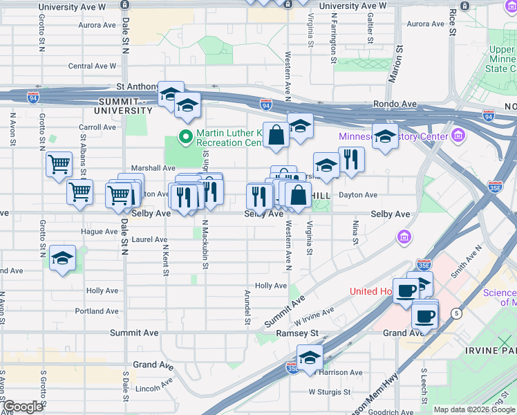 map of restaurants, bars, coffee shops, grocery stores, and more near 425 Selby Ave in St Paul