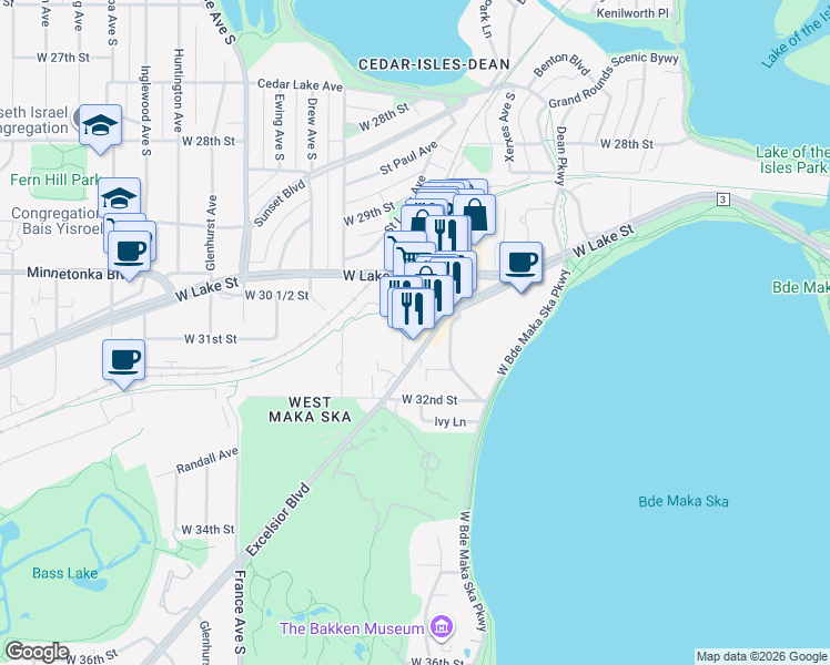 map of restaurants, bars, coffee shops, grocery stores, and more near 3070 Excelsior Boulevard in Minneapolis